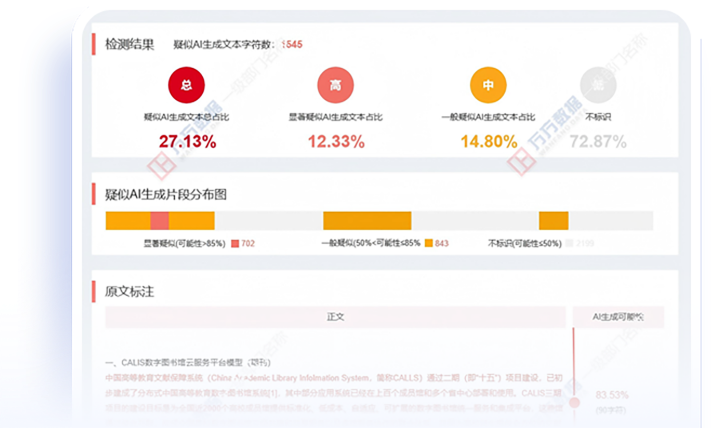 AIGC检测报告示例：疑似AI生成文本字符数与高/中风险占比标注